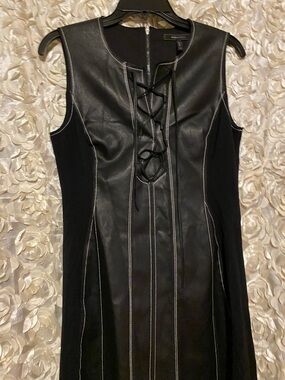 BCBGMaxAzria Black Faux Leather-Front Sleeveless Dress